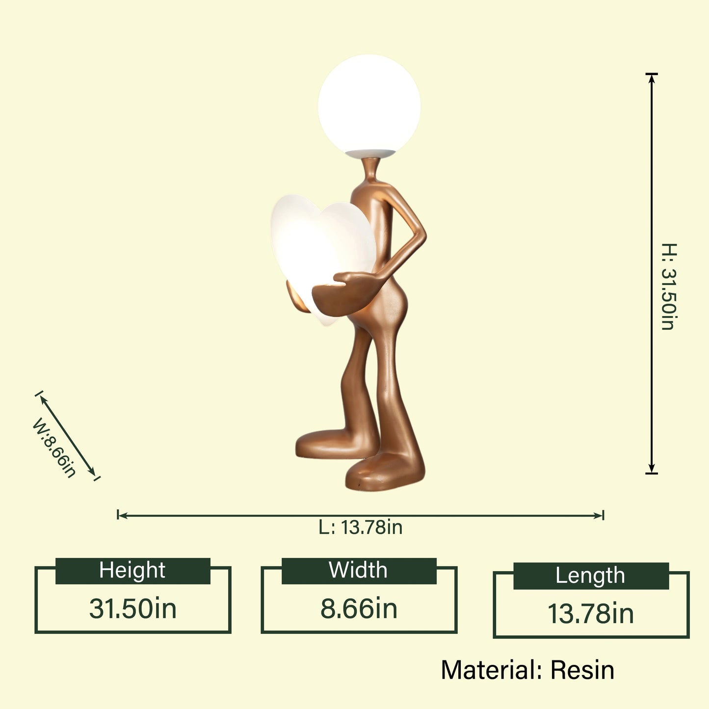 Copper figurine lamp w/ heart, 31.5in spec