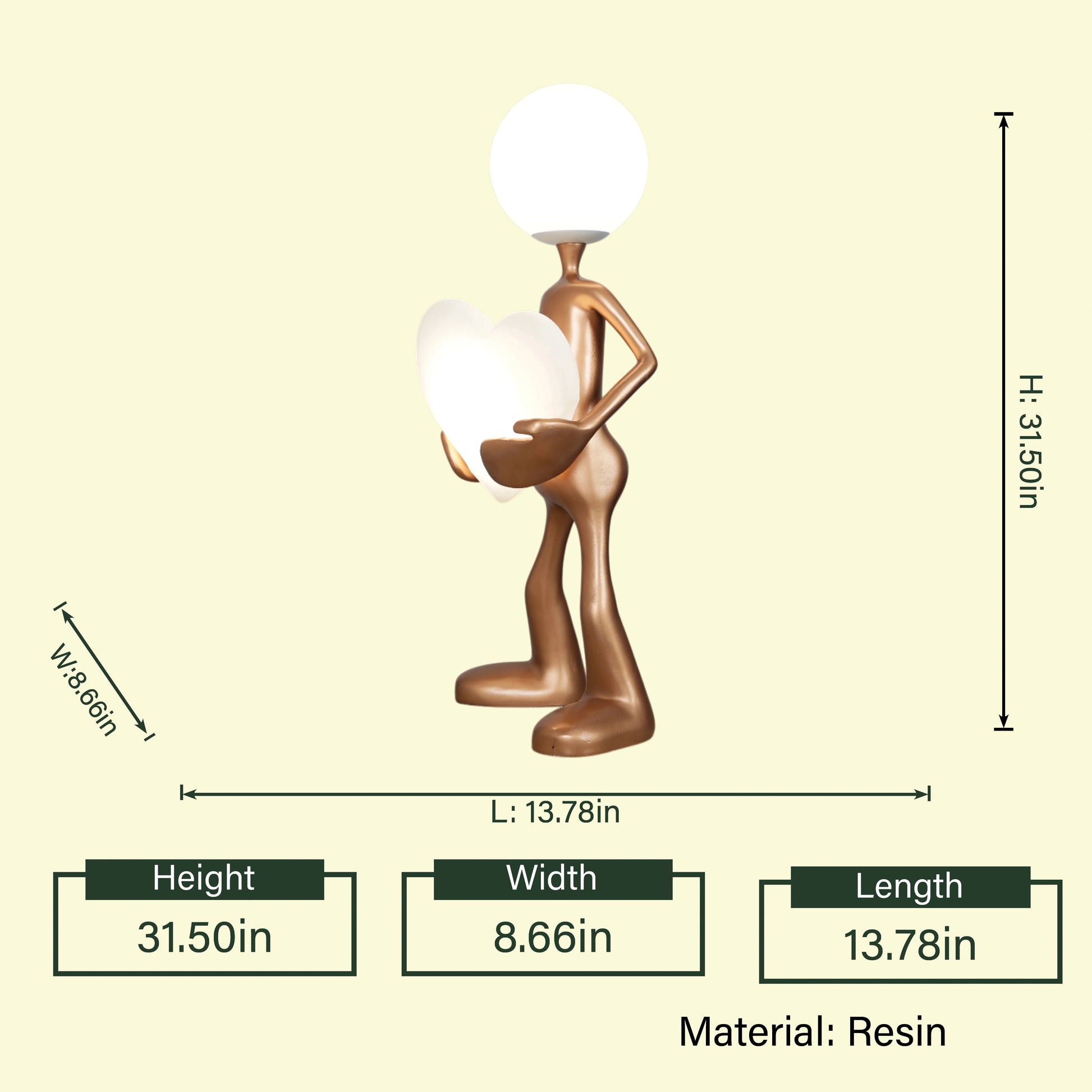 Copper figurine lamp w/ heart, 31.5in spec