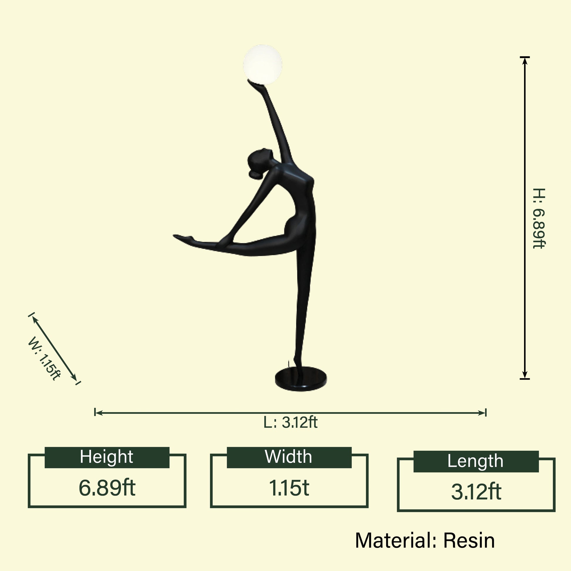 Luminous Ballet lamp, dimension spec diagram