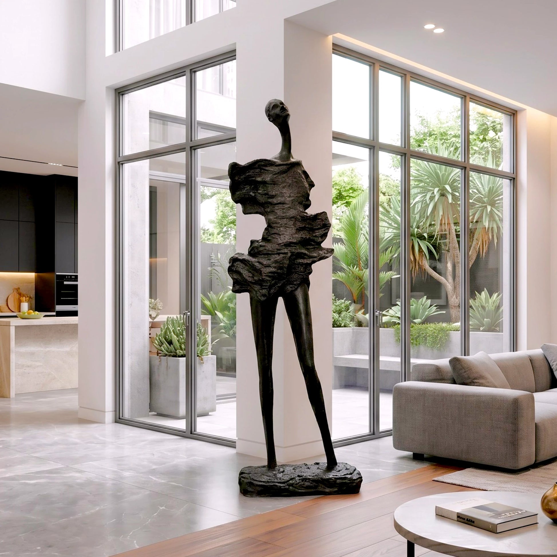 tall black sculpture human form living room statement piece