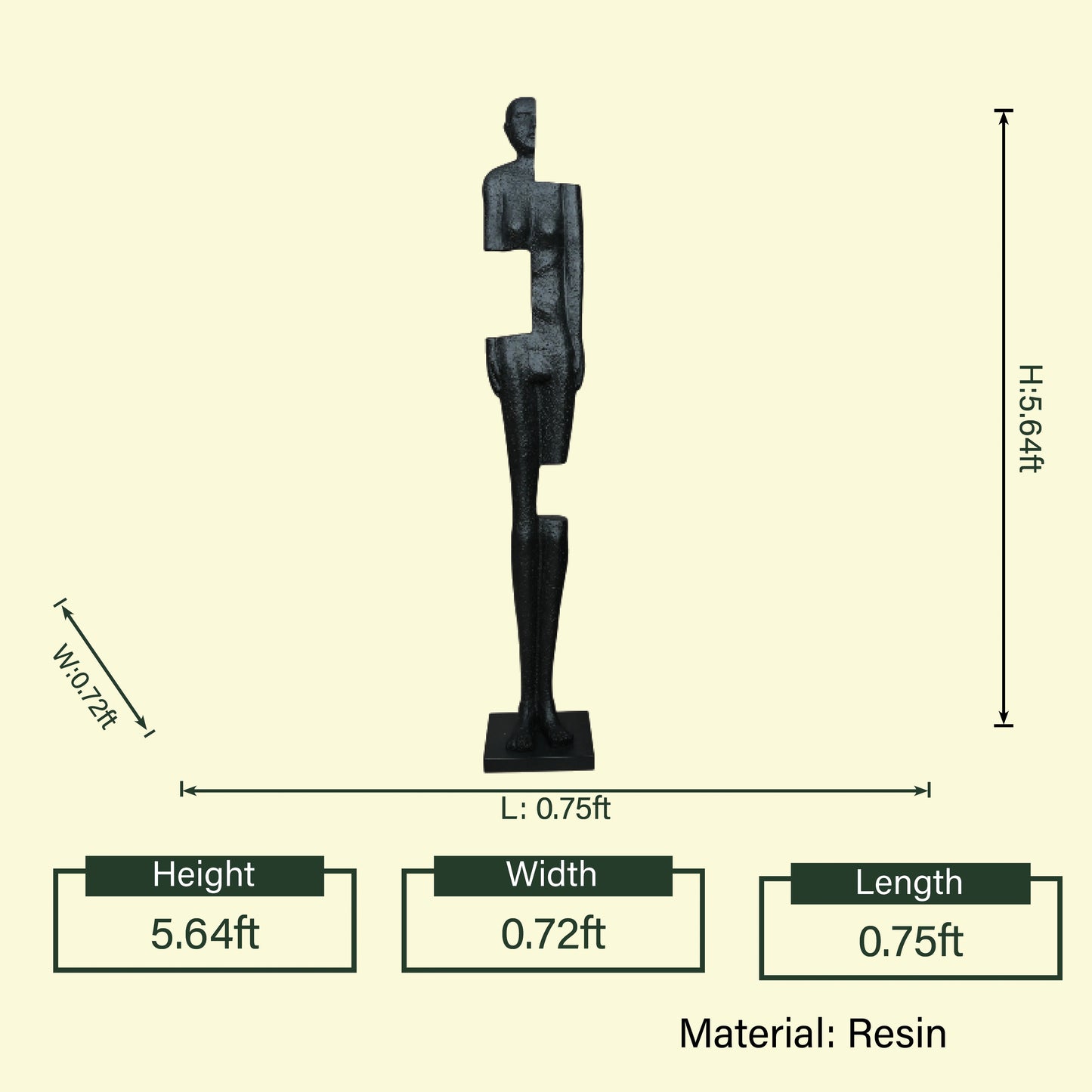 Elongated black resin floor sculpt, spec view