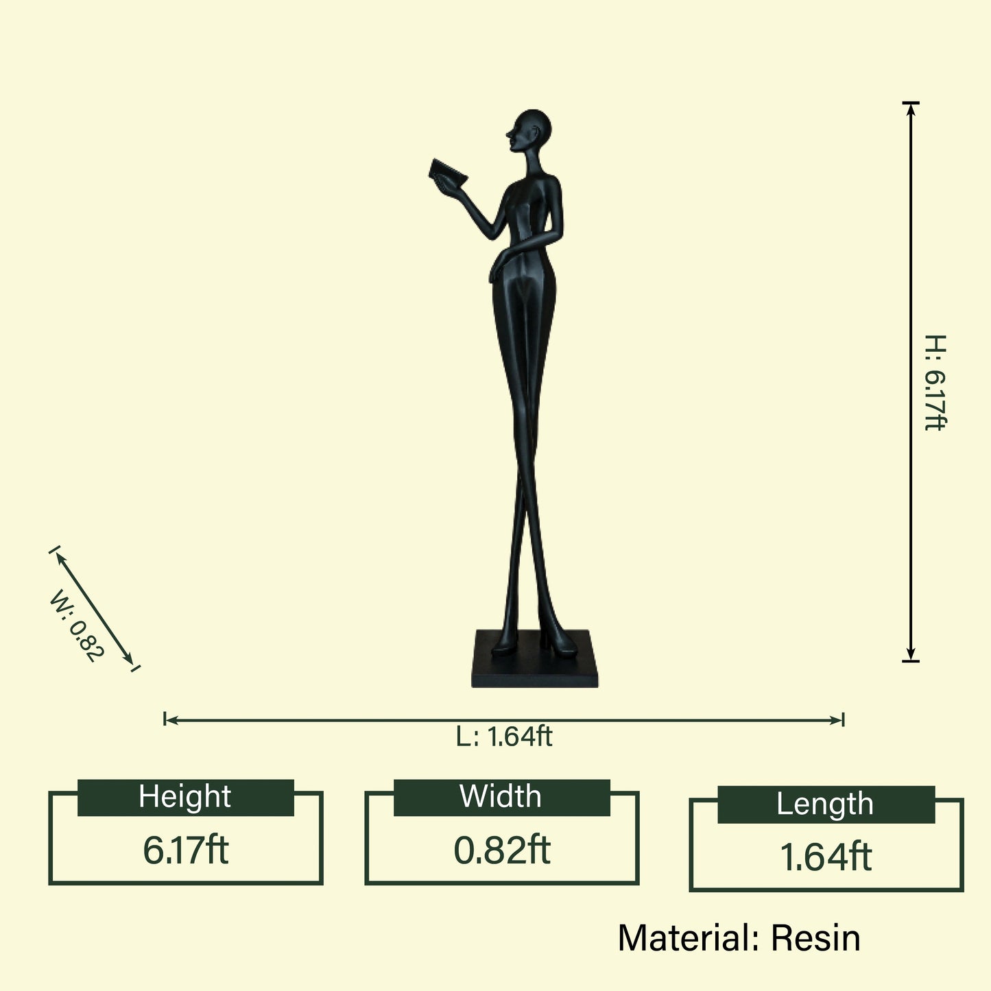 Black reading lady, 6.17ft dimension diagram