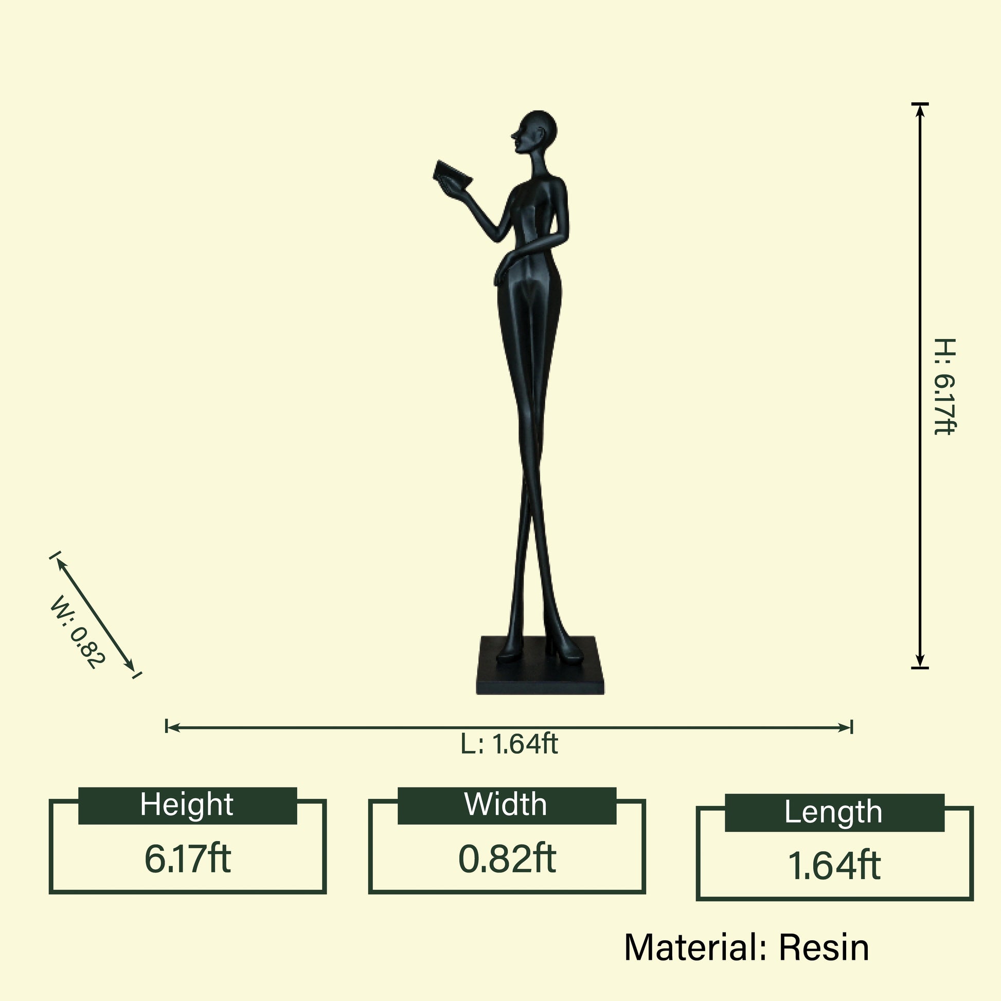 Black reading lady, 6.17ft dimension diagram