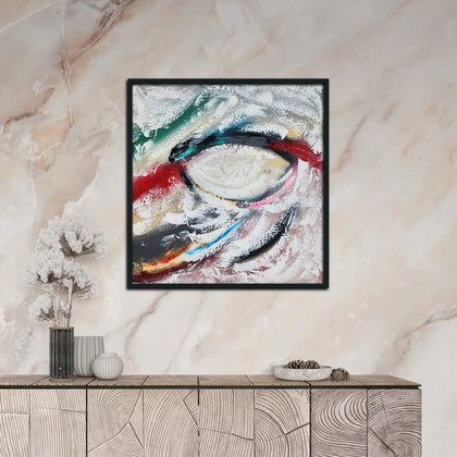 Luxury abstract canvas wall painting featuring expressive black, white, red, teal, blue, and gold brushstrokes on premium canvas.