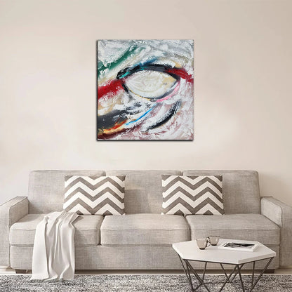 Luxury abstract canvas wall painting featuring expressive black, white, red, teal, blue, and gold brushstrokes on premium canvas.