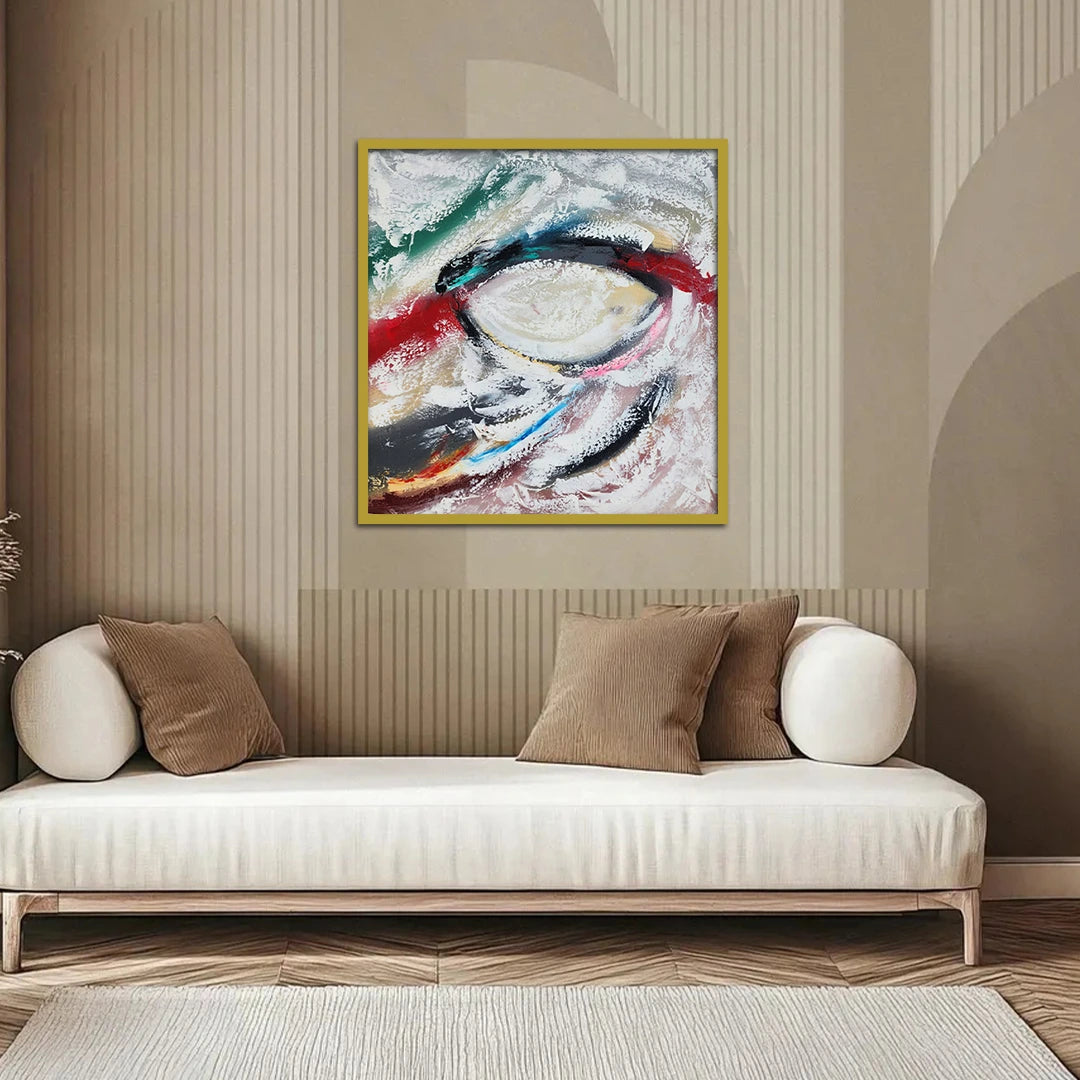 Luxury abstract canvas wall painting featuring expressive black, white, red, teal, blue, and gold brushstrokes on premium canvas.