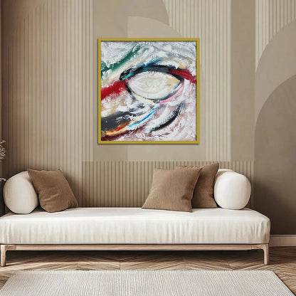 Luxury abstract canvas wall painting featuring expressive black, white, red, teal, blue, and gold brushstrokes on premium canvas.