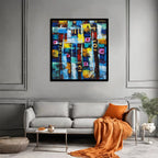 Abstract geometric canvas painting featuring vibrant blue, yellow, white, and multicolored textured blocks with modern artistic composition.