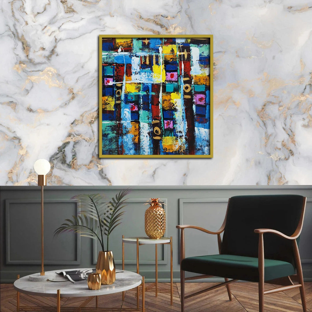 Abstract geometric canvas painting featuring vibrant blue, yellow, white, and multicolored textured blocks with modern artistic composition.