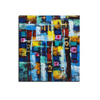Abstract geometric canvas painting featuring vibrant blue, yellow, white, and multicolored textured blocks with modern artistic composition.