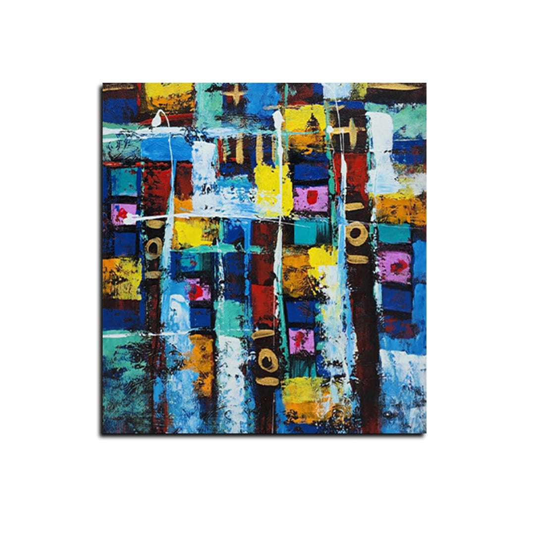 Abstract geometric canvas painting featuring vibrant blue, yellow, white, and multicolored textured blocks with modern artistic composition.