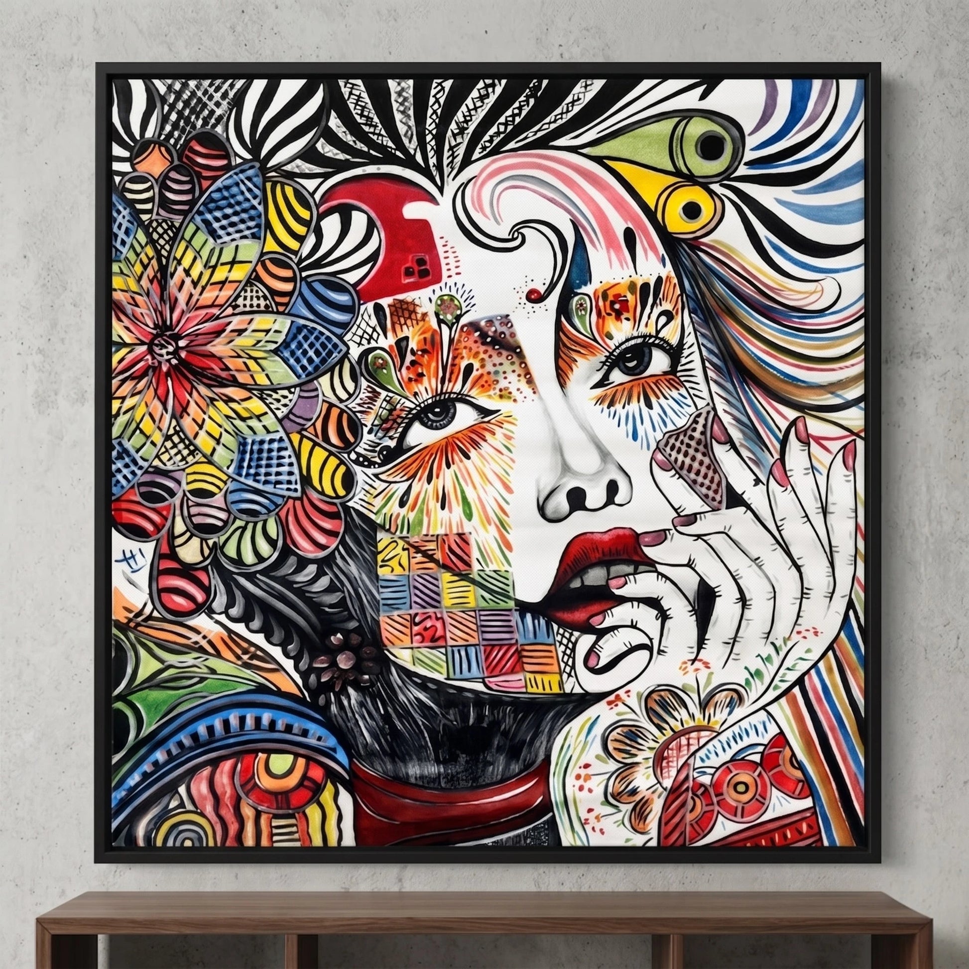 Luxury abstract portrait canvas wall painting featuring a colorful artistic female face with vibrant geometric patterns, expressive details, and contemporary modern artwork.