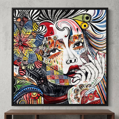 Luxury abstract portrait canvas wall painting featuring a colorful artistic female face with vibrant geometric patterns, expressive details, and contemporary modern artwork.