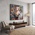 Luxury abstract portrait canvas wall painting featuring a colorful artistic female face with vibrant geometric patterns, expressive details, and contemporary modern artwork.