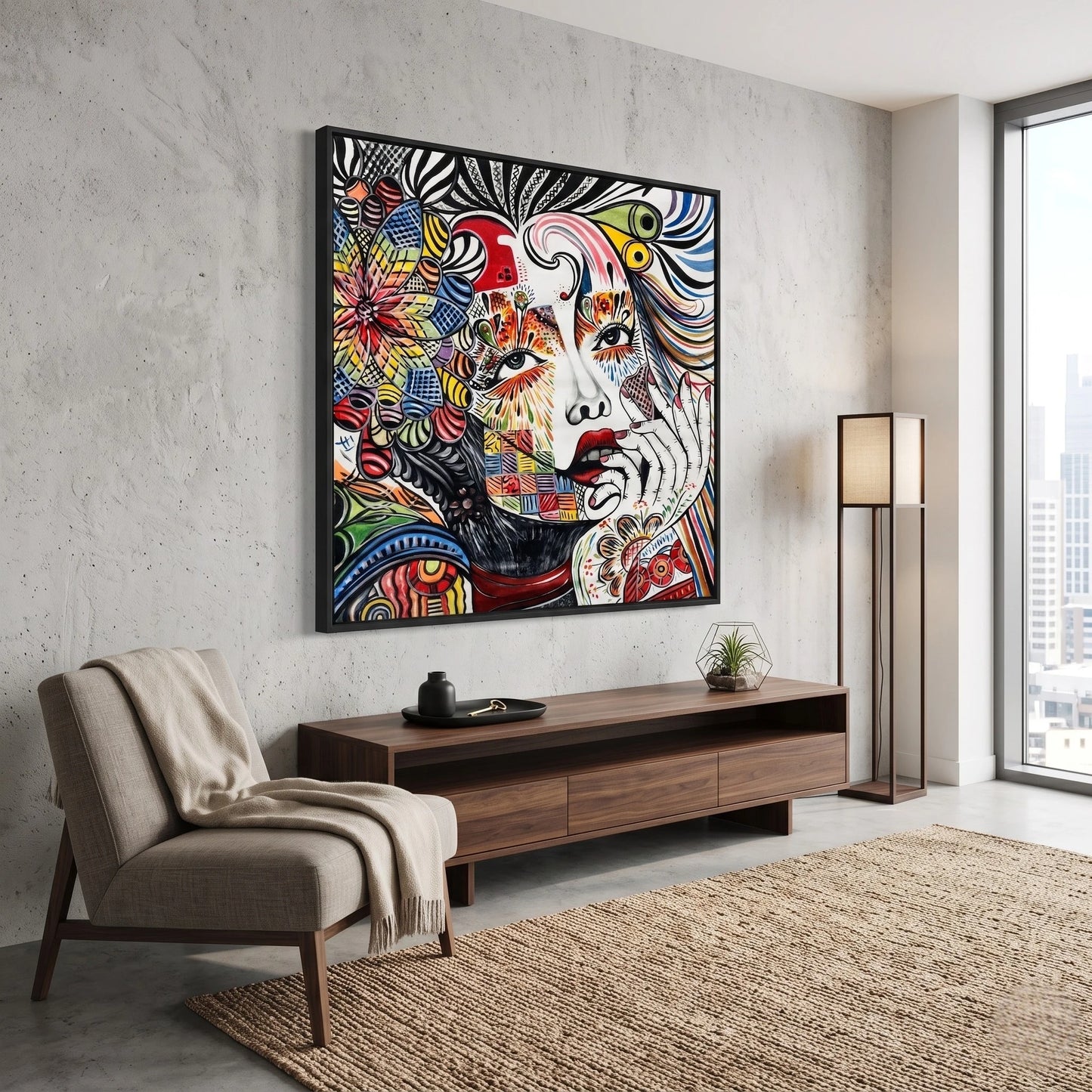 Luxury abstract portrait canvas wall painting featuring a colorful artistic female face with vibrant geometric patterns, expressive details, and contemporary modern artwork.