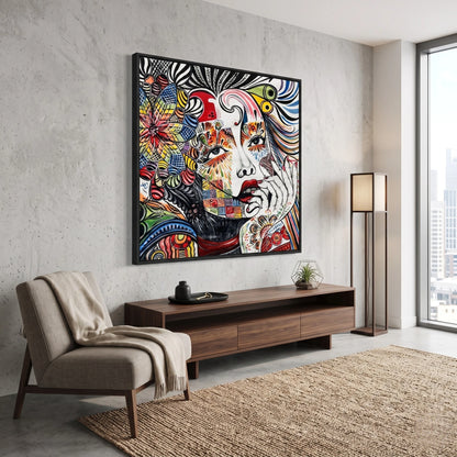 Luxury abstract portrait canvas wall painting featuring a colorful artistic female face with vibrant geometric patterns, expressive details, and contemporary modern artwork.