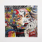 Luxury abstract portrait canvas wall painting featuring a colorful artistic female face with vibrant geometric patterns, expressive details, and contemporary modern artwork.