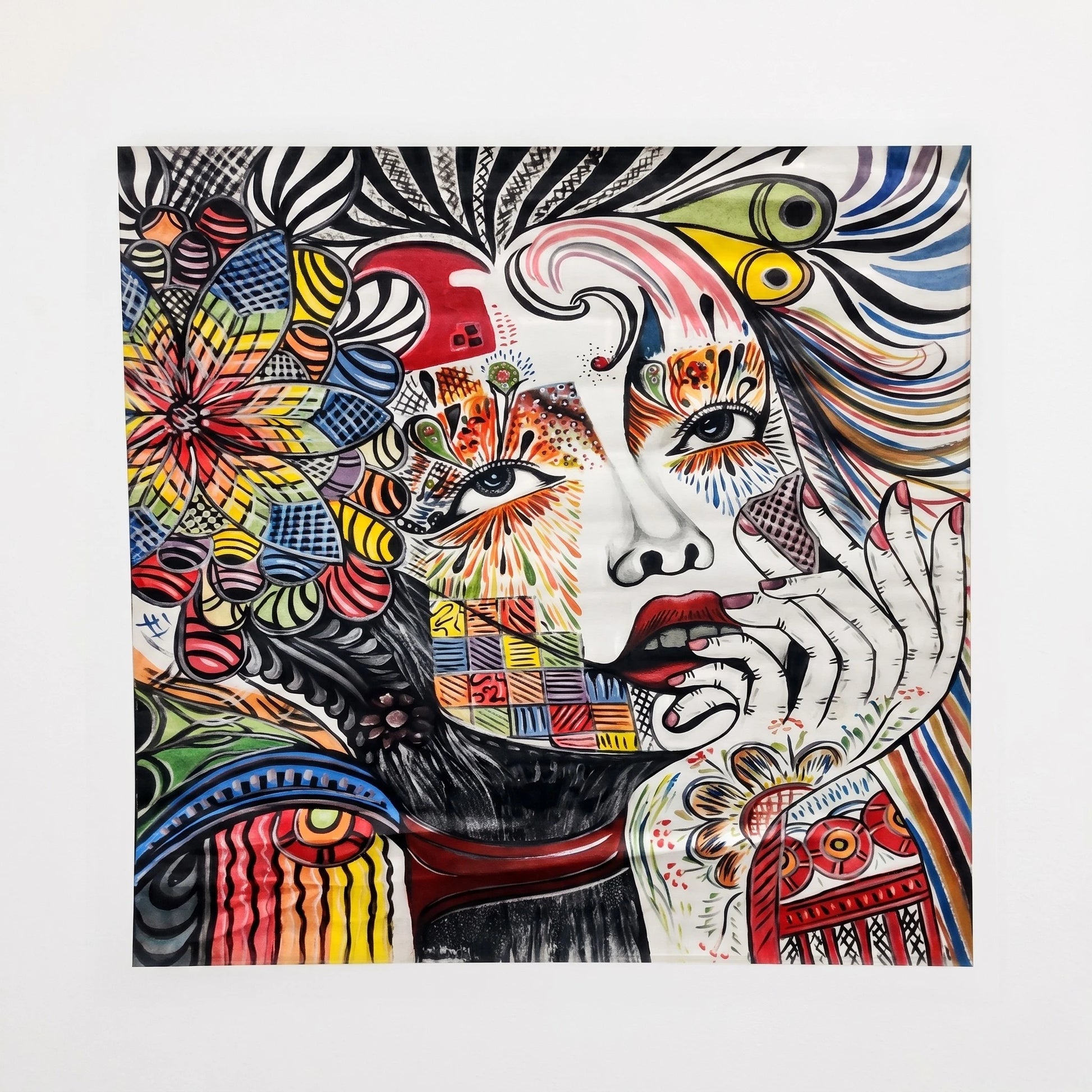 Luxury abstract portrait canvas wall painting featuring a colorful artistic female face with vibrant geometric patterns, expressive details, and contemporary modern artwork.