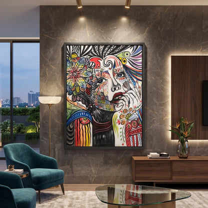 Contemporary abstract female canvas painting featuring vibrant floral artwork, expressive portrait illustration and colourful artistic detailing for luxury living rooms, offices and modern designer interiors.
