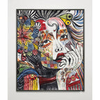 Contemporary abstract female canvas painting featuring vibrant floral artwork, expressive portrait illustration and colourful artistic detailing for luxury living rooms, offices and modern designer interiors.