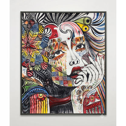 Contemporary abstract female canvas painting featuring vibrant floral artwork, expressive portrait illustration and colourful artistic detailing for luxury living rooms, offices and modern designer interiors.