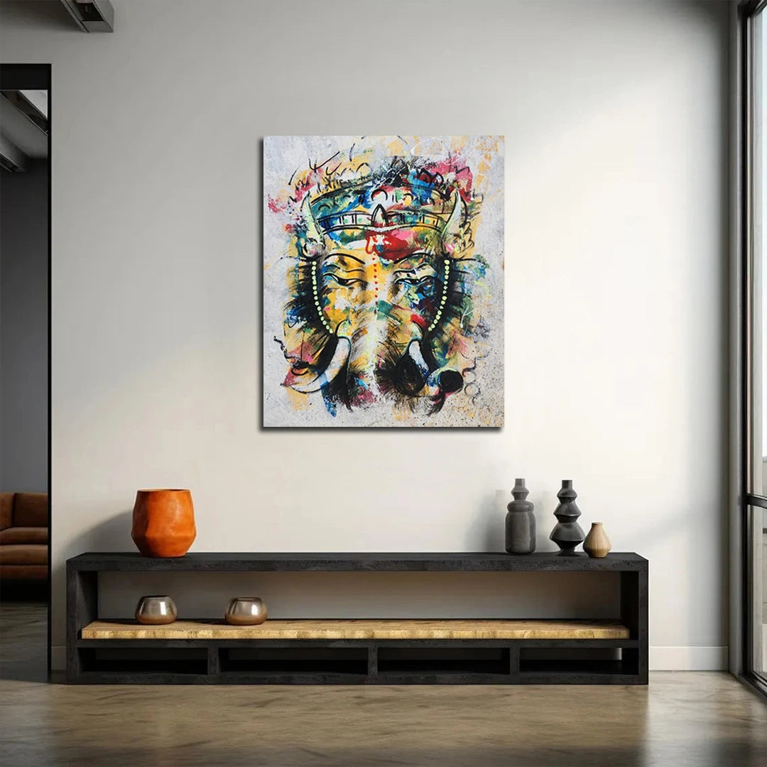 Abstract Ganesha canvas painting with vibrant contemporary artwork for modern home wall décor