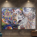 Contemporary abstract female canvas painting featuring colourful floral patterns, expressive portrait artwork and intricate artistic detailing for luxury living rooms, offices and modern designer interiors.