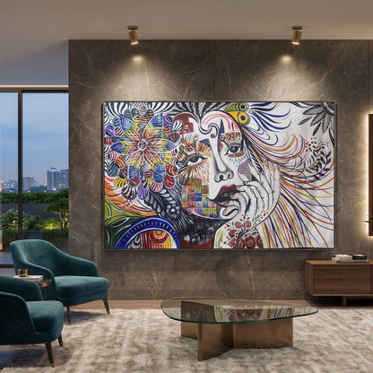 Contemporary abstract female canvas painting featuring colourful floral patterns, expressive portrait artwork and intricate artistic detailing for luxury living rooms, offices and modern designer interiors.