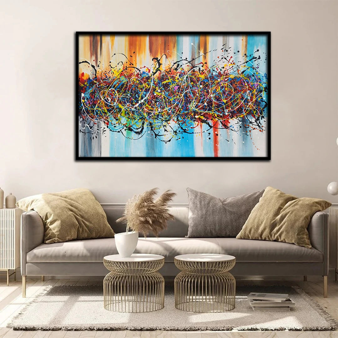 Abstract expression canvas painting featuring vibrant multicolored paint splashes, layered brushstrokes, and dynamic contemporary composition.
