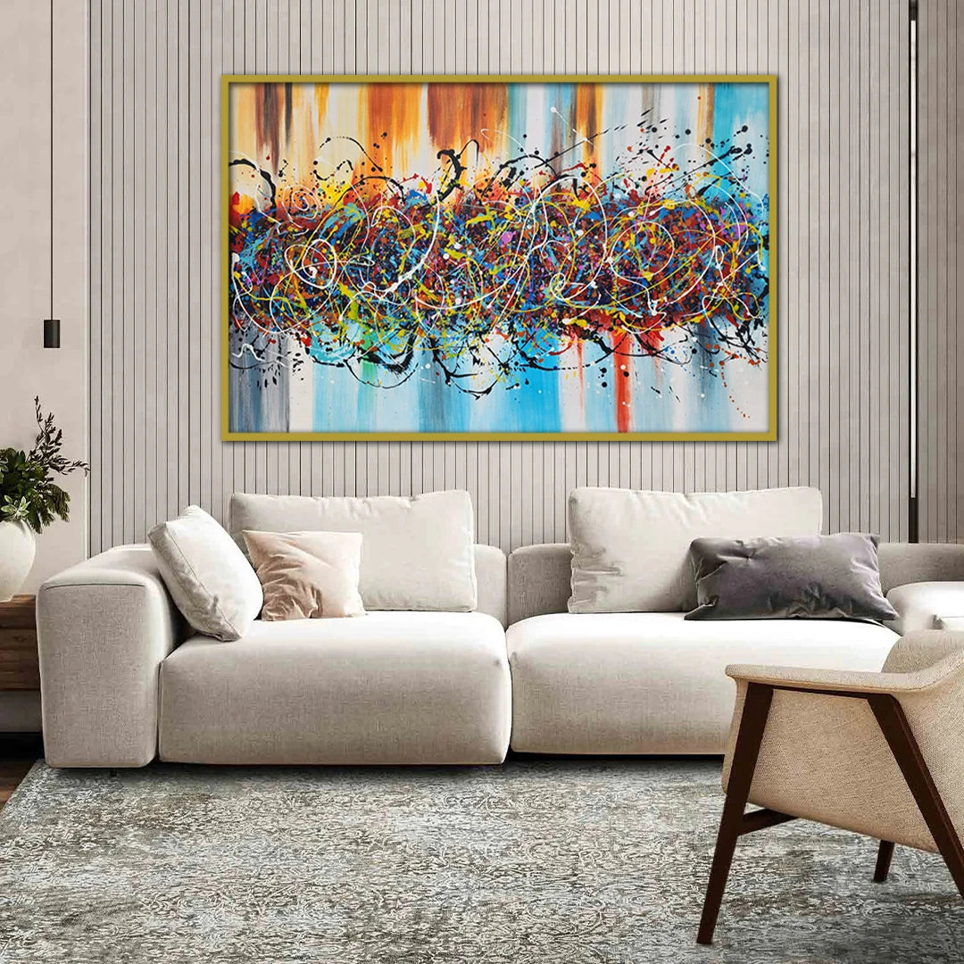 Abstract expression canvas painting featuring vibrant multicolored paint splashes, layered brushstrokes, and dynamic contemporary composition.