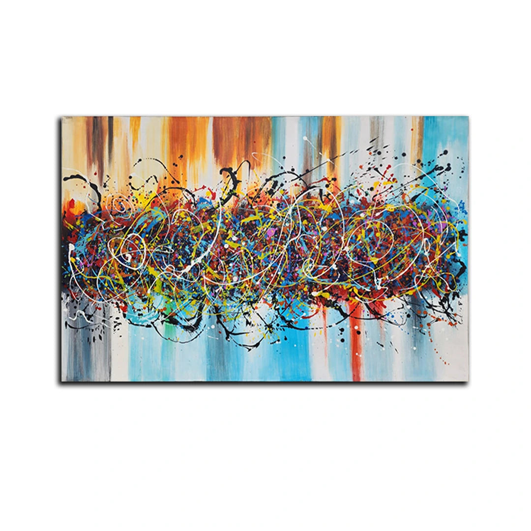 Abstract expression canvas painting featuring vibrant multicolored paint splashes, layered brushstrokes, and dynamic contemporary composition.