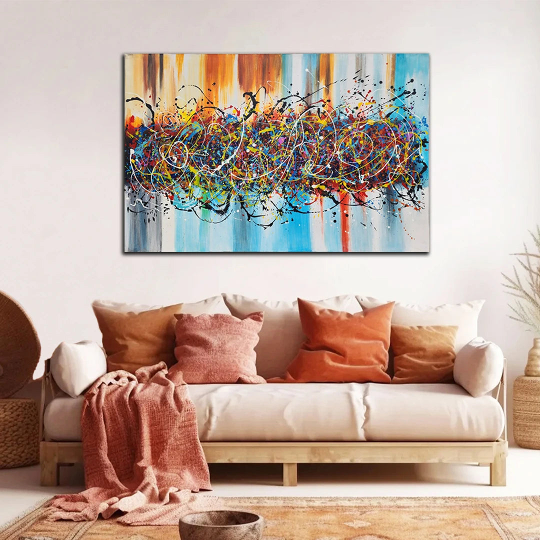 Abstract expression canvas painting featuring vibrant multicolored paint splashes, layered brushstrokes, and dynamic contemporary composition.