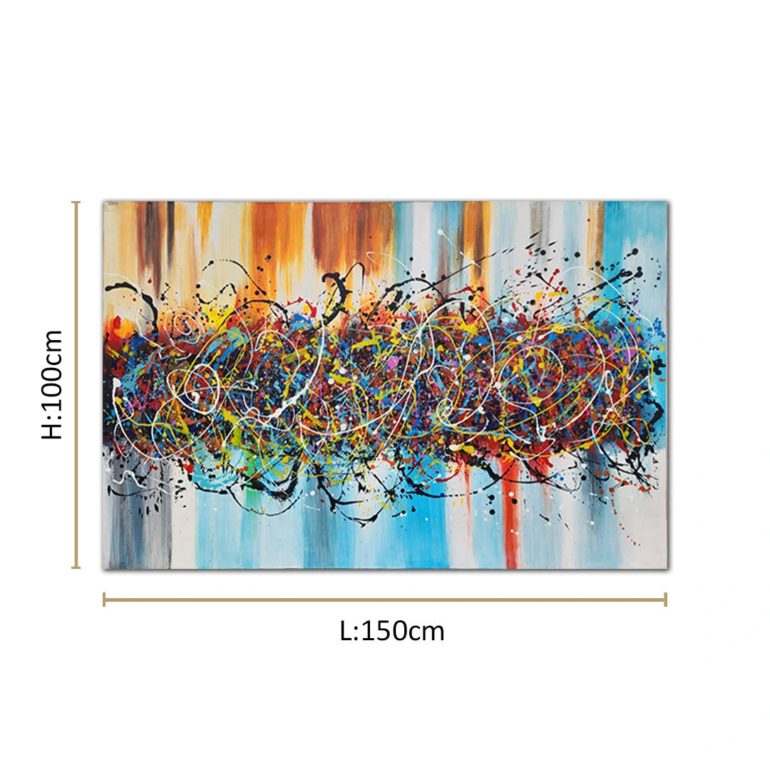 Abstract expression canvas painting featuring vibrant multicolored paint splashes, layered brushstrokes, and dynamic contemporary composition.