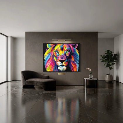 Colourful lion canvas painting featuring a vibrant pop-art portrait with bold blue, pink, yellow and orange tones, modern wall art for luxury living rooms, offices and designer interiors.
