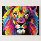 Colourful lion canvas painting featuring a vibrant pop-art portrait with bold blue, pink, yellow and orange tones, modern wall art for luxury living rooms, offices and designer interiors.