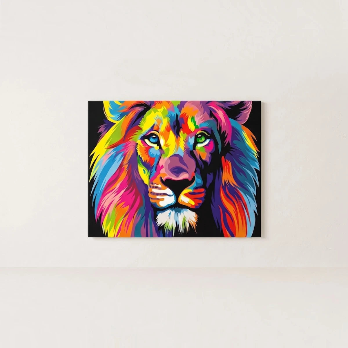 Colourful lion canvas painting featuring a vibrant pop-art portrait with bold blue, pink, yellow and orange tones, modern wall art for luxury living rooms, offices and designer interiors.