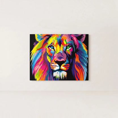 Colourful lion canvas painting featuring a vibrant pop-art portrait with bold blue, pink, yellow and orange tones, modern wall art for luxury living rooms, offices and designer interiors.