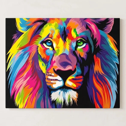 Colourful lion canvas painting featuring a vibrant pop-art portrait with bold blue, pink, yellow and orange tones, modern wall art for luxury living rooms, offices and designer interiors.