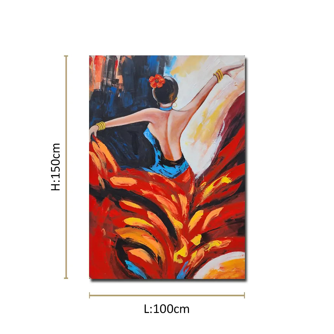 Abstract figurative canvas painting featuring a graceful female dancer with flowing red dress and expressive contemporary brushstrokes.