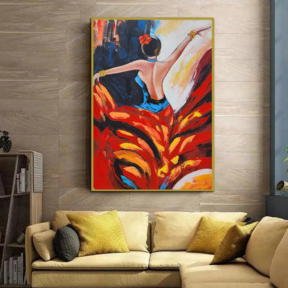 Abstract figurative canvas painting featuring a graceful female dancer with flowing red dress and expressive contemporary brushstrokes.