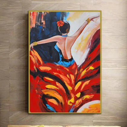 Abstract figurative canvas painting featuring a graceful female dancer with flowing red dress and expressive contemporary brushstrokes.