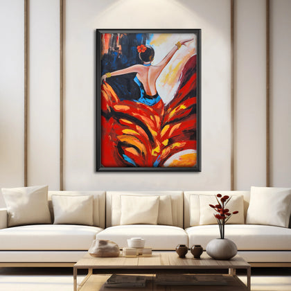 Abstract figurative canvas painting featuring a graceful female dancer with flowing red dress and expressive contemporary brushstrokes.