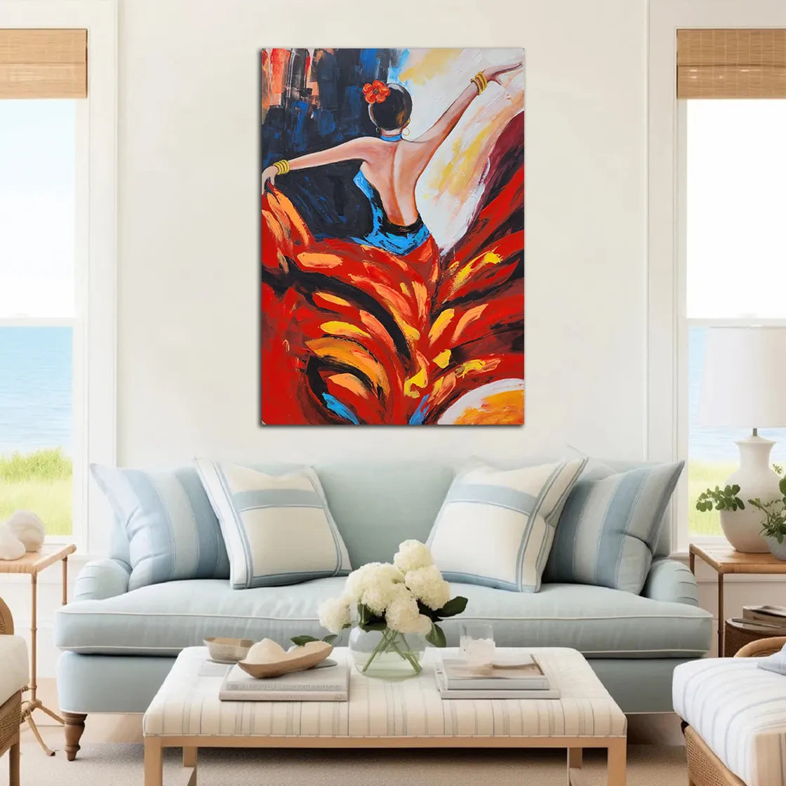 Abstract figurative canvas painting featuring a graceful female dancer with flowing red dress and expressive contemporary brushstrokes.