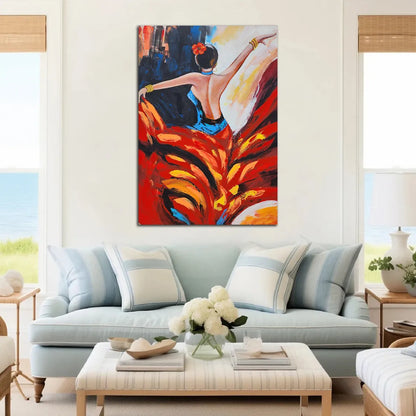 Abstract figurative canvas painting featuring a graceful female dancer with flowing red dress and expressive contemporary brushstrokes.