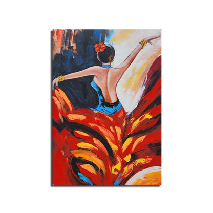 Abstract figurative canvas painting featuring a graceful female dancer with flowing red dress and expressive contemporary brushstrokes.