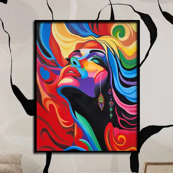 Abstract portrait canvas painting featuring a colorful female face with vibrant flowing patterns and contemporary pop art style.