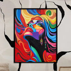 Abstract portrait canvas painting featuring a colorful female face with vibrant flowing patterns and contemporary pop art style.