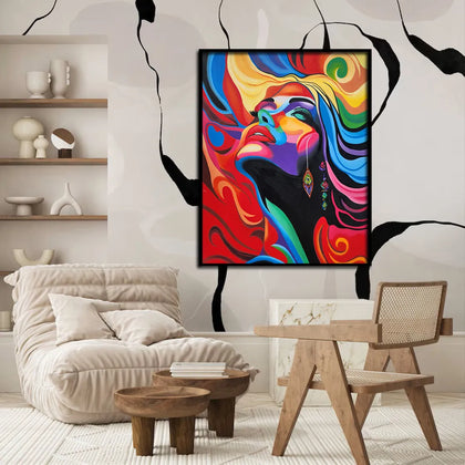Abstract portrait canvas painting featuring a colorful female face with vibrant flowing patterns and contemporary pop art style.