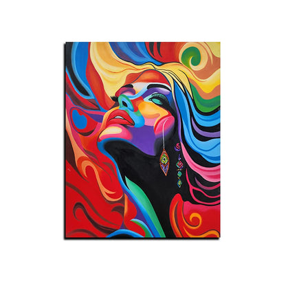 Abstract portrait canvas painting featuring a colorful female face with vibrant flowing patterns and contemporary pop art style.