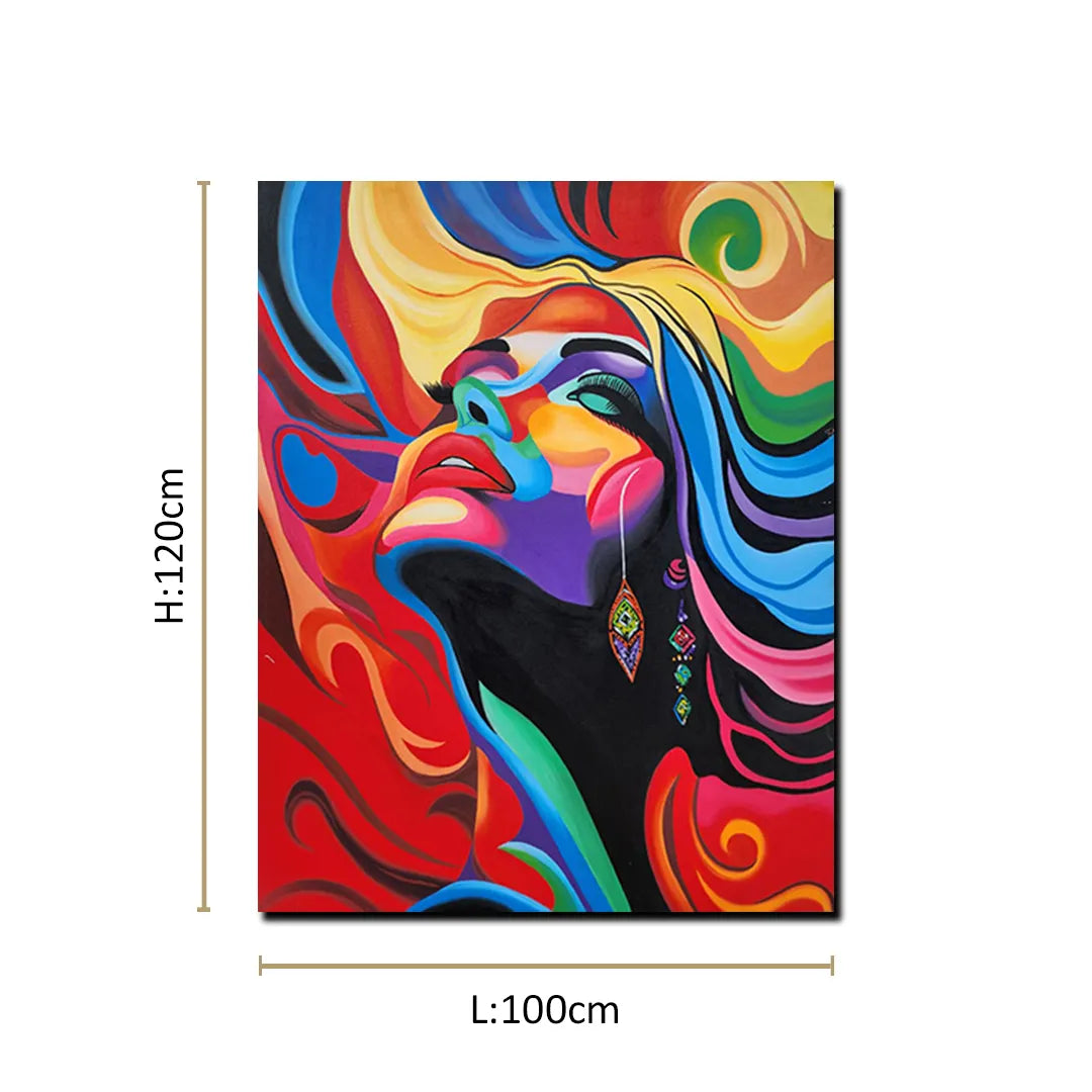 Abstract portrait canvas painting featuring a colorful female face with vibrant flowing patterns and contemporary pop art style.